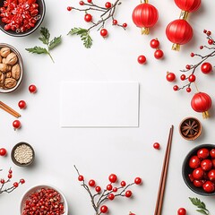 A festive arrangement featuring red lanterns, berries, nuts, and a blank card, perfect for celebrations.