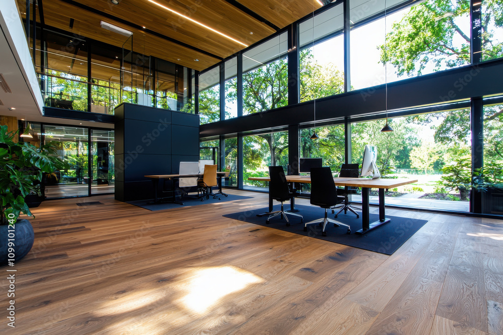 Poster designing an inspiring architectural office blonde wood cladding and floating black frames in a mode