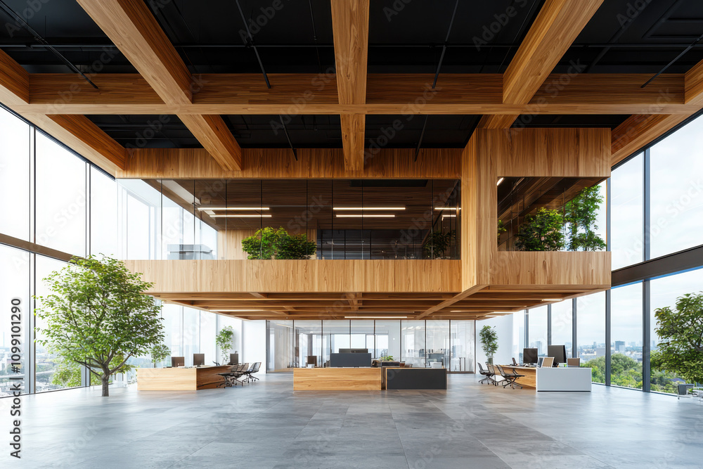 Poster creating an inviting architectural visualization office space with warm wood walls and a sleek desk 