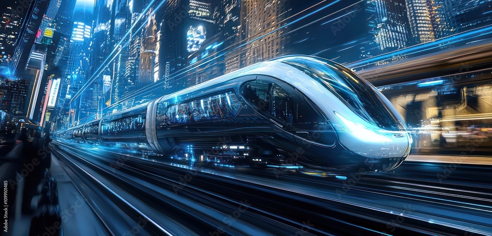 Poster futuristic train in motion depicted with a cityscape backdrop and dynamic lighting effects.