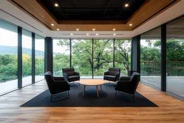 Fototapeta premium Designing a contemporary business interior with wood slat feature wall and industrial elements in a designer office space