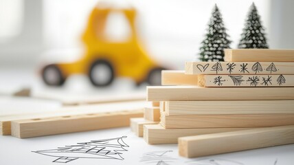 Creative playtime scene with wooden blocks, small trees, and a toy vehicle.