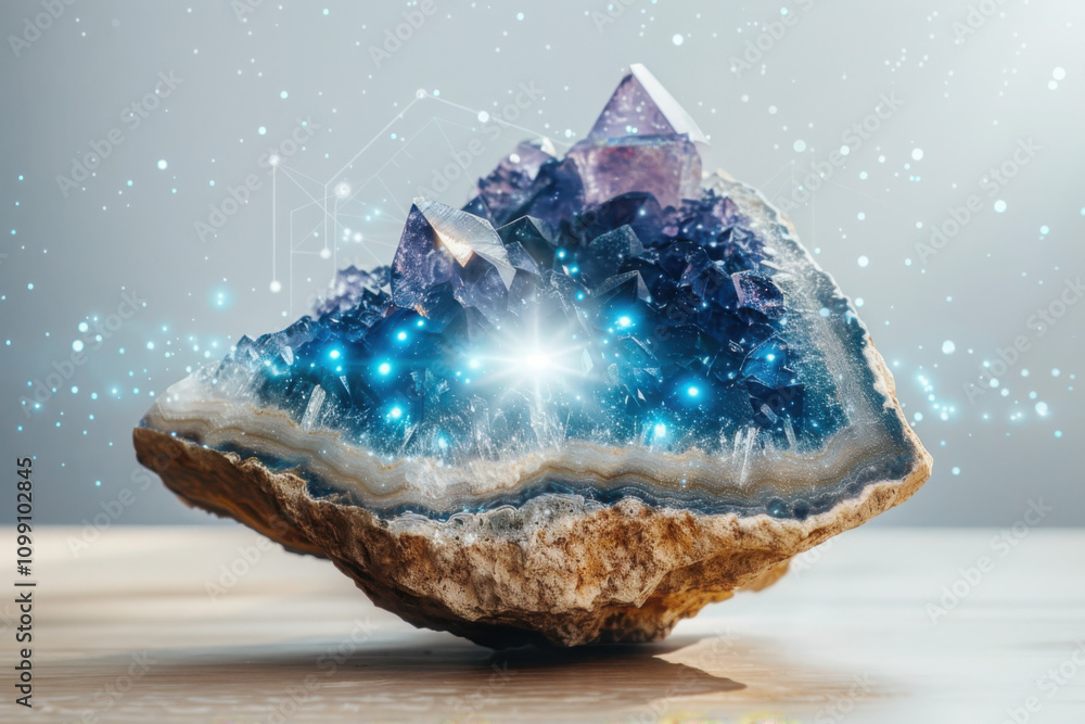 Poster unveiling the digital matrix a crystal geode's natural technology inside artistic presentation conte