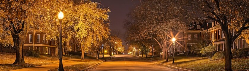Fototapeta premium A serene nighttime street scene with autumn foliage and warm streetlights.