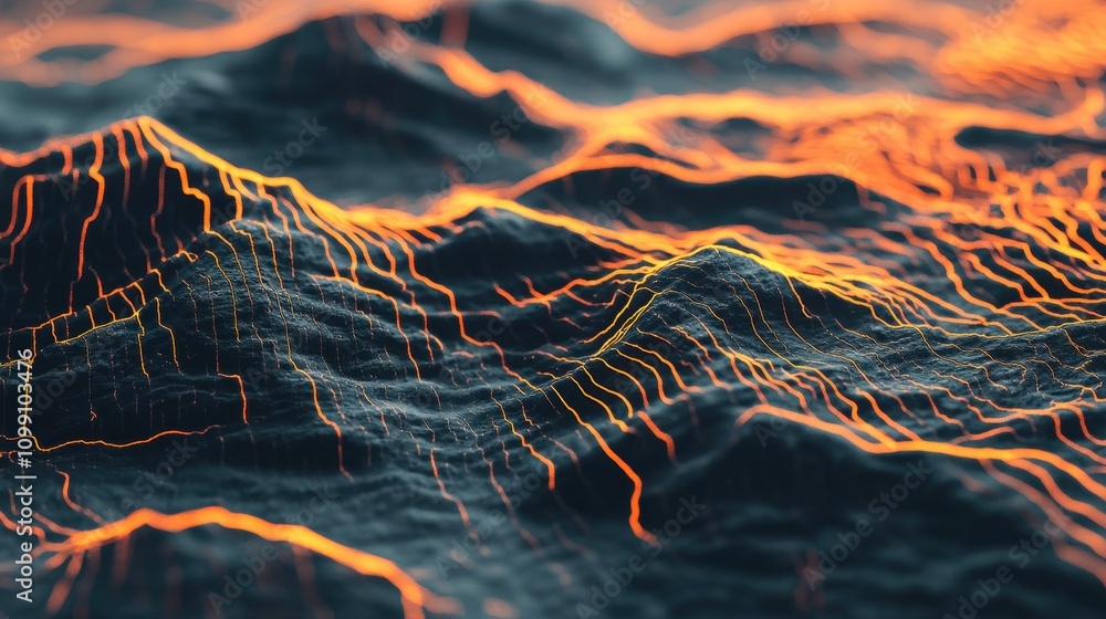 Poster abstract representation of mountainous terrain with glowing lines suggesting data or energy flow.