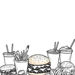 Fast Food Illustration with Copy Space in Doodle Style