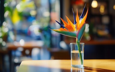 Naklejka premium A vibrant Strelitzia reginae flower in a vase on a coffee shop table, with a blurry background emphasizing the Bird of Paradise flower's colors and textures