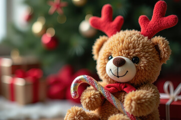Fototapeta premium Christmas teddy bear with reindeer antlers holding a candy cane in festive holiday setting
