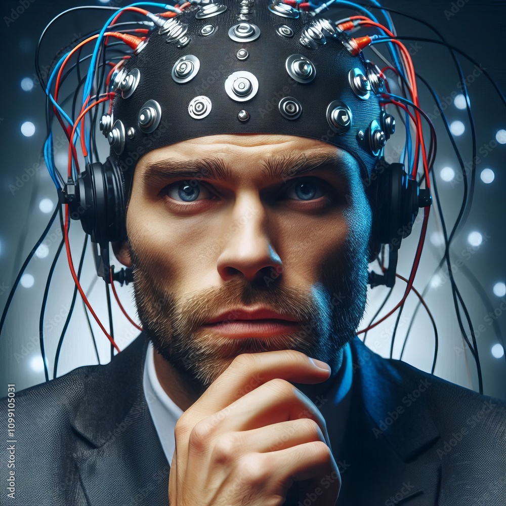 Poster man wearing a brain computer interface a man wearing a brain com