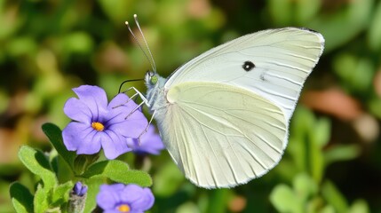 White Butterfly on Purple Flower in Vibrant Green Garden Setting