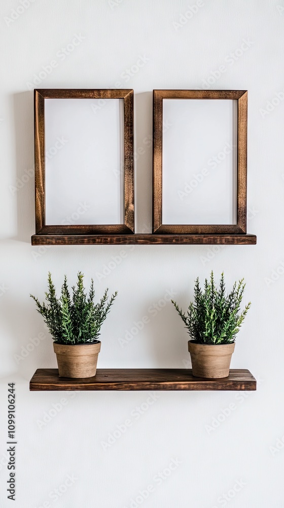 Poster minimalist wooden shelf display with empty frames and potted plants in a serene white wall setting