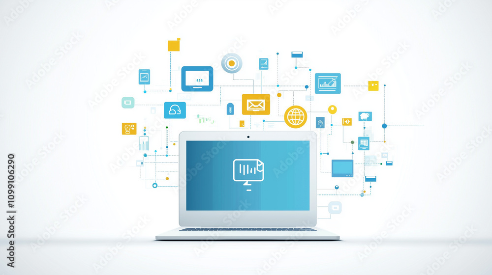 Poster cloud computing and connectivity: a laptop at the center of a vibrant network of digital icons, symb