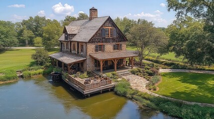 Obraz premium A picturesque house by a serene water body, surrounded by lush greenery and landscaping.