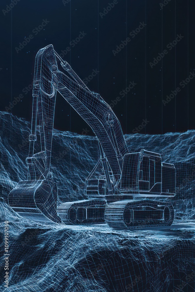 Aufkleber three-dimensional wireframe of an excavator operating on digitally rendered terrain.
