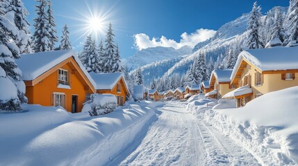 A picturesque winter scene with snow-covered houses and a bright sun in a mountain landscape.