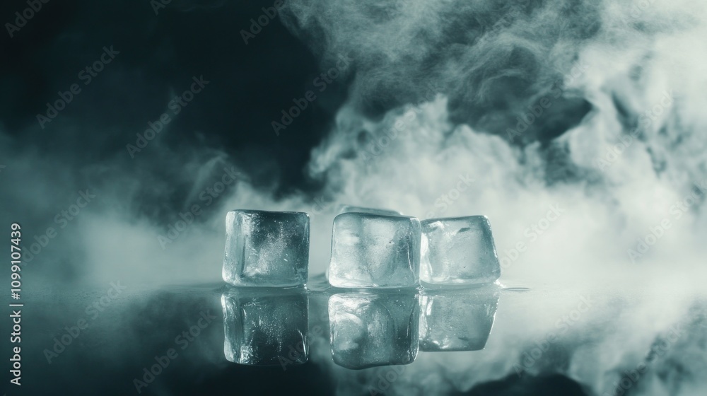 Poster ice cubes on a reflective surface with smoke, creating a cool and mysterious atmosphere.