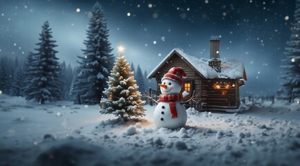 Naklejka premium Christmas background. Christmas theme with snowman. Christmas card with Christmas tree on night snowy background.