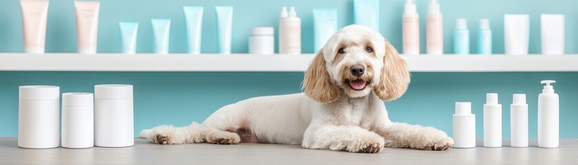 Fototapeta premium A cheerful dog poses in a grooming space surrounded by various pet care products on a light blue background.