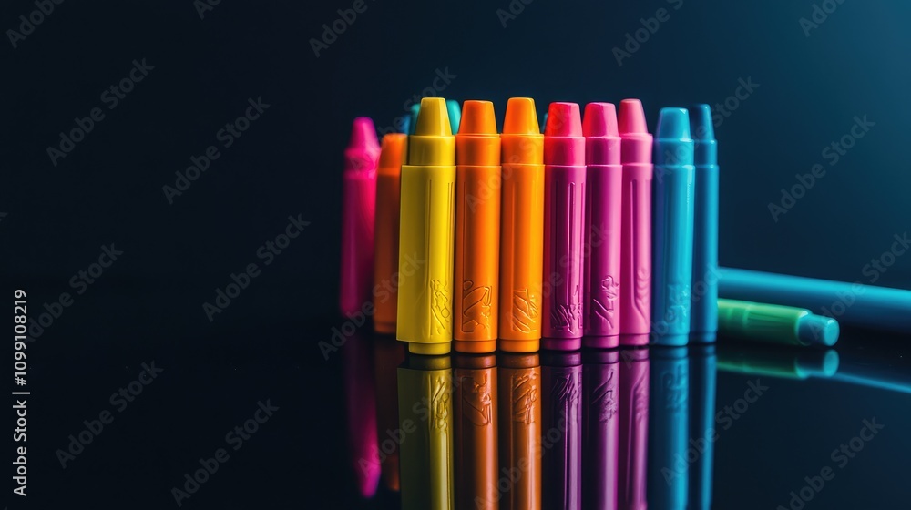 Poster vibrant colorful markers on dark background with reflection effect