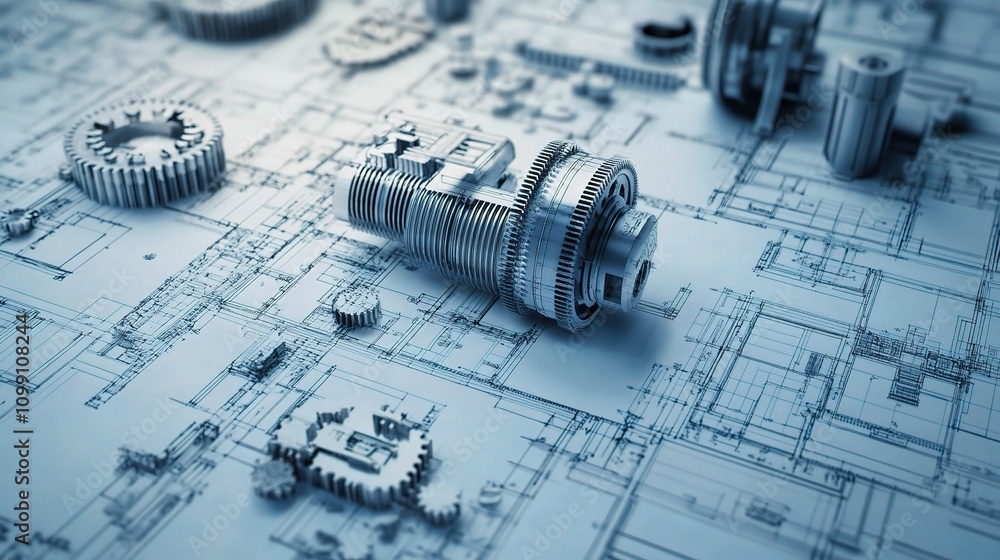 Poster detailed mechanical blueprint with gears and engine components