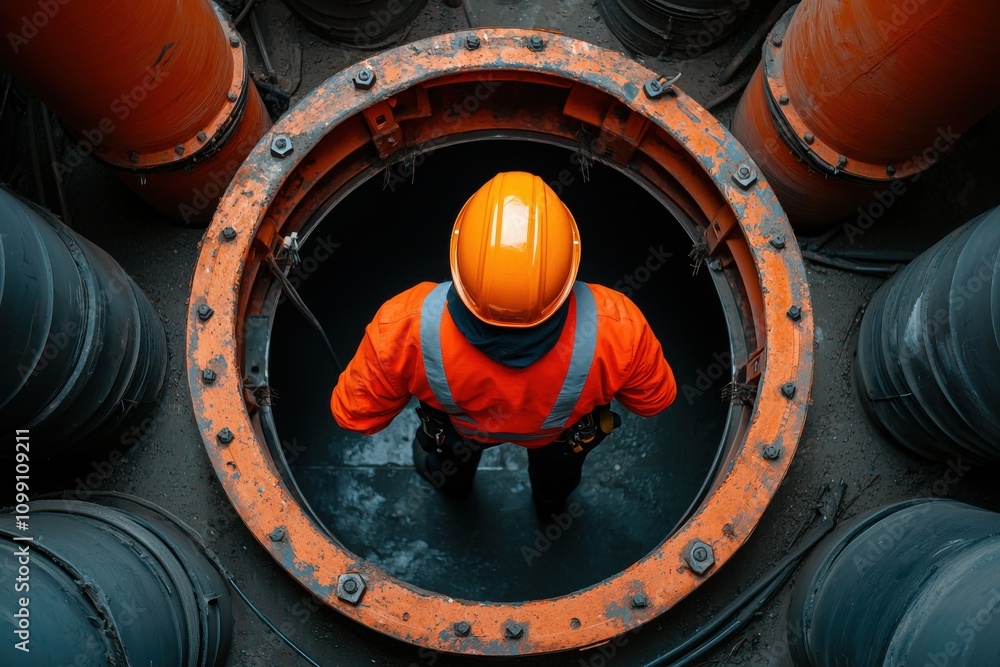 Poster a worker in an orange safety uniform and helmet stands at the edge of a circular opening surrounded 