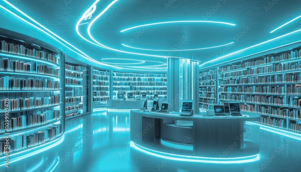 Aufkleber digital reading zones featuring interactive tablets in a futuristic library setting.