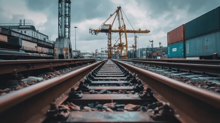 Naklejka premium Industrial Scene of Railway Tracks Leading to Shipping Cranes