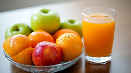 A healthy breakfast setting with a bowl of mixed fruit including apples and oranges, placed next to a glass of freshly squeezed juice. 