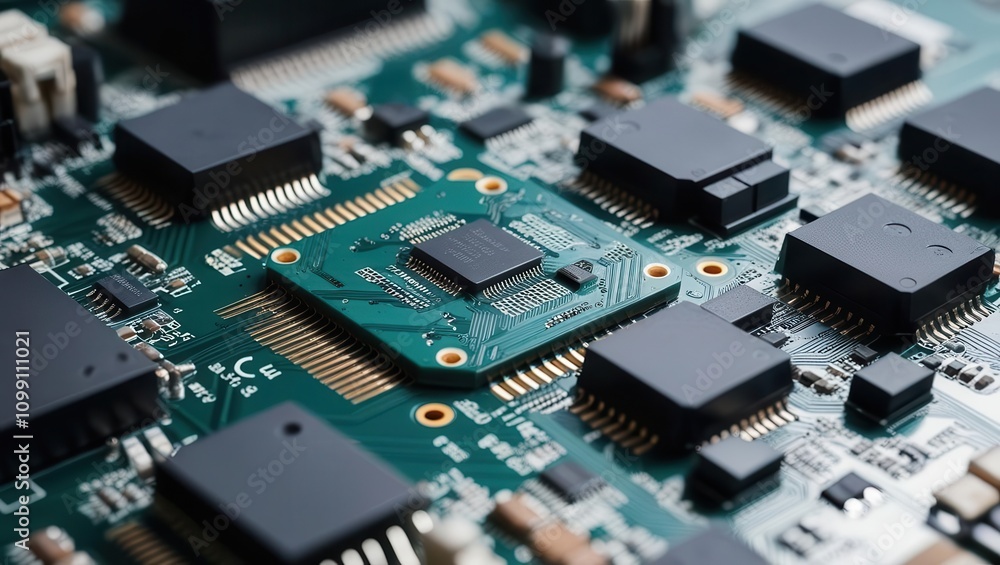 Poster a detailed close-up of a circuit board featuring various microchips and electronic components, showc