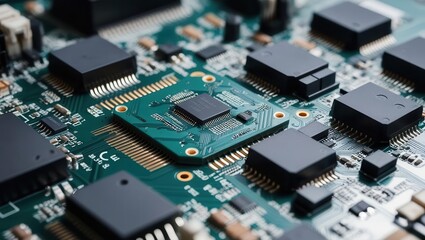Obraz premium A detailed close-up of a circuit board featuring various microchips and electronic components, showcasing intricate designs and technology.