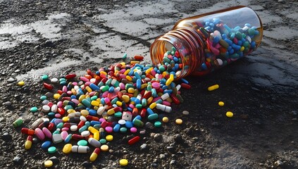 Obraz premium A large brown glass bottle lies tipped over on a gritty dirt and gravel surface, spilling various colorful pills and capsules in natural outdoor lighting.