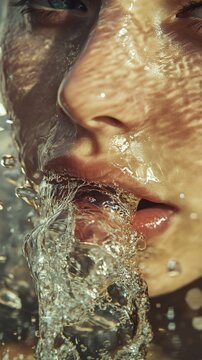 Close-up of a Woman's Face with Water Splashing