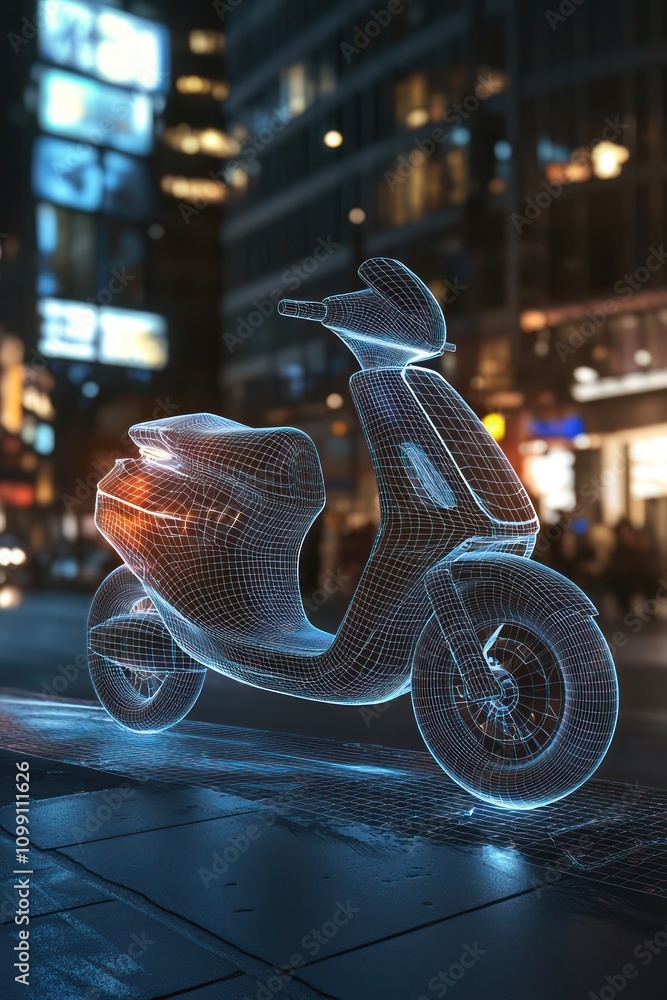 Poster dynamic 3d wireframe of a futuristic scooter displayed in a bustling city.