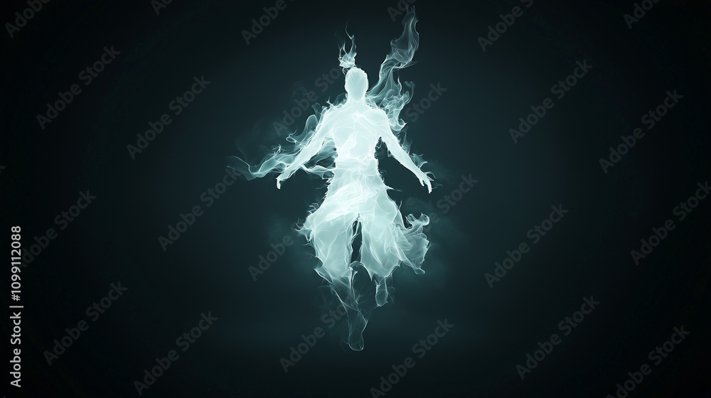 Poster ethereal being: a spectral figure floats amidst swirling, ethereal energy, creating a mystical and c