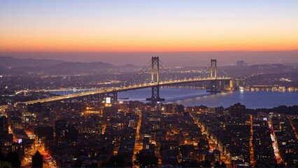 Fototapeta premium Generative AI, Sprawling Urban Skyline with a Suspension Bridge at Sunset