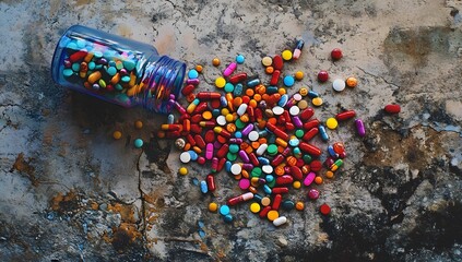 Naklejka premium A glass jar lies on its side, releasing vibrant pills and capsules onto a weathered surface. The bright colors contrast with the earthy background.