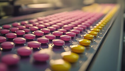 Rows of pink and yellow pills are arranged in a grid pattern on a conveyor belt, highlighting the precision of the pharmaceutical production process.