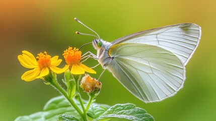 Delicate White Butterfly Perched on Bright Yellow Flower Petals