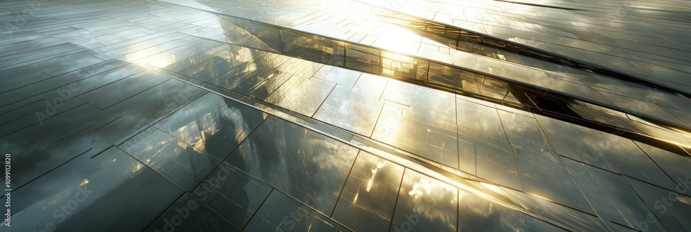 Poster abstract reflection on metallic surfaces with light interplay.