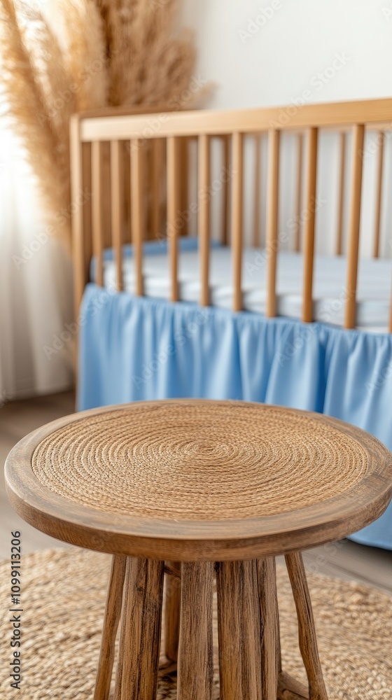 Poster bright and inviting nursery space featuring an empty wooden table for product display