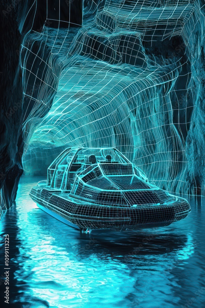 Poster virtual waterway navigated by a wireframe hovercraft in high-resolution.