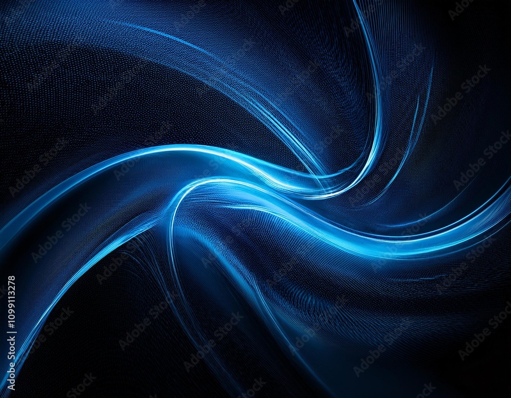 Poster dark background with vibrant, translucent blue light trails, creating a striking and visually appeal