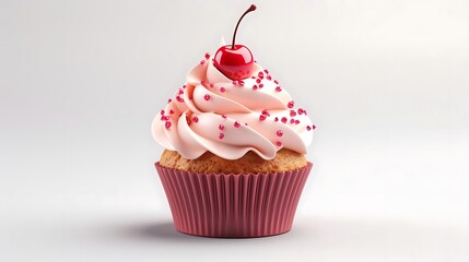 A delicious cupcake topped with pink frosting, sprinkles, and a cherry.