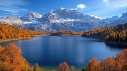 Obraz premium A serene lake surrounded by autumn foliage and majestic mountains under a clear blue sky.