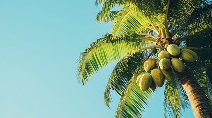 Fototapeta premium A papaya tree with ripe fruits hanging against a clear blue sky in a tropical setting. 