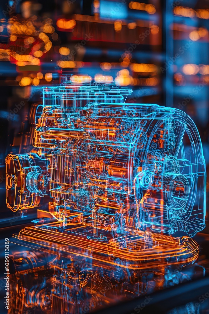 Poster holographic display details the intricate internal structure of a car engine.