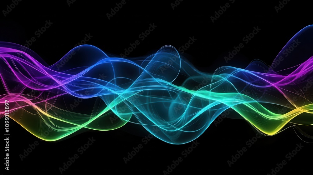 Poster abstract colorful wave patterns on a black background, representing motion and energy.