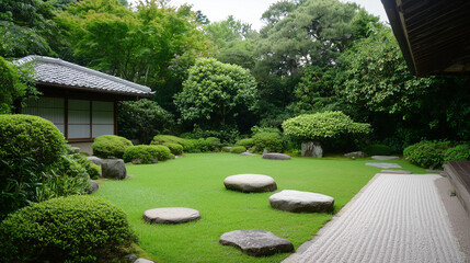 Serene Japanese Garden: Tranquility reigns in this meticulously designed Japanese garden. Lush greenery, smooth stones, and a traditional wooden structure create a peaceful haven.  A wooden walkway.