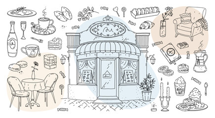 Obraz premium Cafe drawing. Cute woman enjoying madeleine with book. Vintage sketch in silhouette outline design. Coffee cup. Sweet desserts. Table with chairs. Restaurant door. Vector hand drawn style