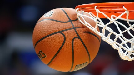 Fototapeta premium Basketball Approaching the Hoop with Net in Background During Game